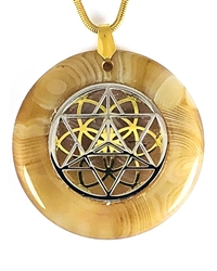 BBAP-SST/GSOL  Brown Banded Agate Sacred Geometry Silver Star Tetrahedra with Gold Seed of Life Stone Pendant