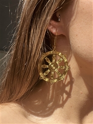 ER-211 Dharma wheel 18k Gold Plated 2" Earrings