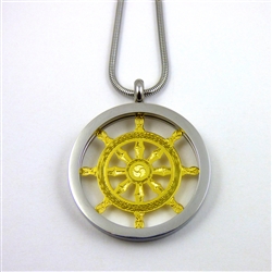 SGBWP-32 All Silver and Gold Plated Stainless Steel Buddhist Wheel Of Life Pendant with Chain