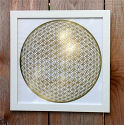 14in white framed Global Flower of Life 18K Gold Plated Healing Grid