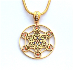 (gemGP-01) Gold Plated Metatron Pendant with Multi-colored Gemstones