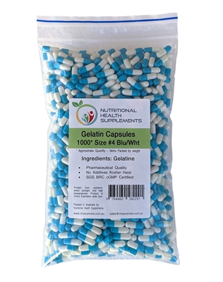 1000 Gelatin Capsules - Size #4 - Blue/White