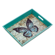 Blue Butterfly Handled Wood Serving Tray