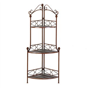 Rustic Metal & Wood Scrollwork Corner Bakers Rack