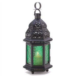 Emerald Green Glass Moroccan Metal Candle Lantern