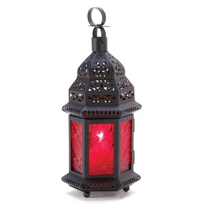 Deep Red Glass Moroccan Metal Candle Lantern