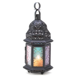 Multi-color Glass Black Metal Candle Lantern