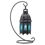 Sapphire Glass Black Metal Hanging Candle Lantern w/Stand