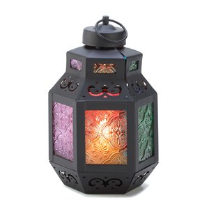 Multi-color Glass Moroccan Marketplace Black Metal Candle Lantern