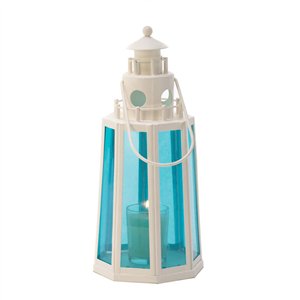 Ocean Blue Glass Lighthouse White Metal Lantern
