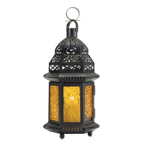 Yellow Glass Black Metal Moroccan Style Candle Lantern