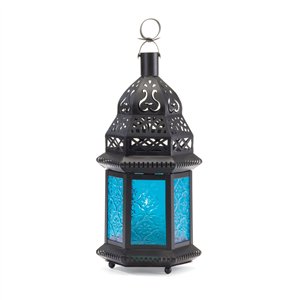 Blue Glass Black Metal Moroccan Style Candle Lantern