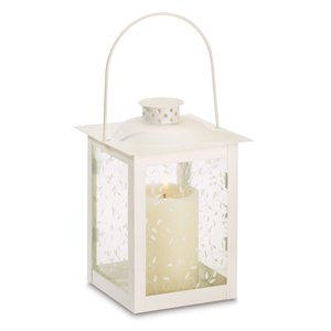 Curling Vine Large White Metal Glass Candle Lantern