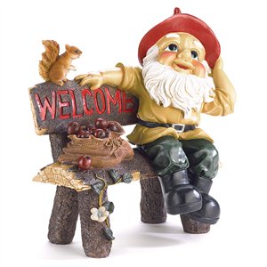Garden Gnome on Bench Welcome Sign