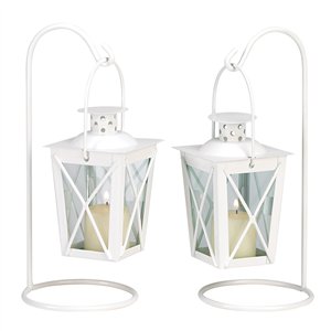 White Metal Railroad Candle Lanterns w/Stands 1 pair