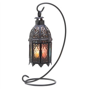 Multicolored Panels Metal Moroccan Candle Lantern w/Stand