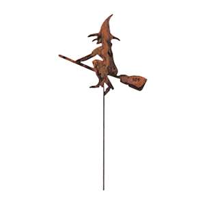 Witch & Broom Rusted Metal Garden Stake