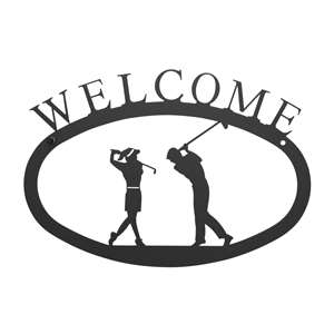 Two Golfers Black Metal Welcome Sign Small