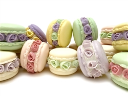 artisanal vegan soap in the shape of macarons stuffed with hand-piped soap flowers