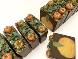 Beautifully handcrafted vegan soap made with organic pumpkin meat and decorated with handmade pumpkins and leaves made with soap and pumpkin spice fragrance