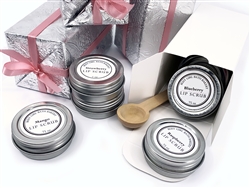 Five full-sized edible lip scrubs in a set with a handcrafted wooden scoop.