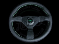 Personal Grinta 330mm Black Perforated Leather w/ Green Stitch Steering Wheel