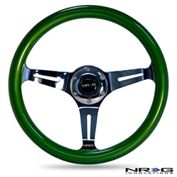 Nrg Classic Wood Grain Steering Wheel, 350Mm, 3 Spoke Center In Chrome - Green