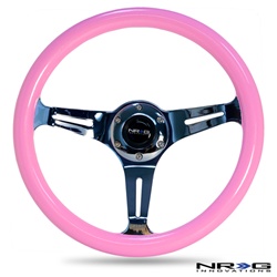 Nrg Classic Wood Grain Steering Wheel, 350Mm, 3 Spoke Center In Chrome - Pink