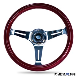 Nrg Classic Wood Grain Steering Wheel, 350Mm, 3 Spoke Center In Chrome - Red