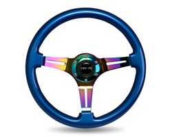 Nrg Classic Wood Grain Steering Wheel, 350Mm, Blue Colored Wood, 3 Spoke Center In Neochrome