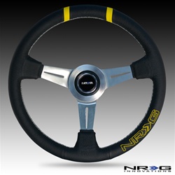 Nrg 360Mm "Bumble Bee" Sport Steering Wheel - Black Leather W/ White Stitching. Double Yellow Center Marking, Yellow Stitched Nrg Logo