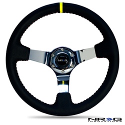 Nrg 350Mm Sport Steering Wheel (3" Deep) - Black Leather W/ Red Baseball Stitching - Chrome Center