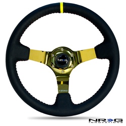 Nrg 350Mm Sport Steering Wheel (3" Deep) - Black Leather W/ Red Baseball Stitching - Gold Center Yellow Center Marking