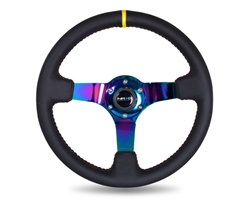 Nrg 350Mm Sport Steering Wheel (3" Deep) - Black Leather W/ Red Baseball Stitching - Neochrome Center Yellow Center Marking