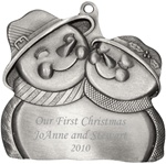 Engraved Hugging Snow Couple Pewter Ornament