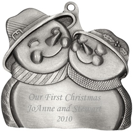 Engraved Hugging Snow Couple Pewter Ornament