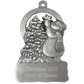 Polar Bear at Christmas Tree Engraved Pewter Ornament