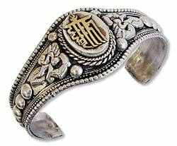 BCT102<br><br> Kalachakra Tibetan Bracelet Silver Tone -  1.25"