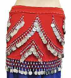 BS09RD<br><br> Belly Dance Coins Hip Scarf - 60"W, 14"L (Red)