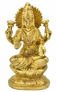 BST175<br><br> Goddess Laxmi on Lotus Brass Statue - 4.5"H