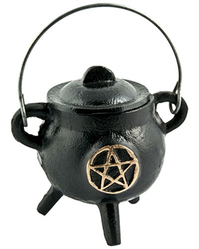 CAL20<br><br> Pentacle in Gold Cast Iron Cauldron with Lid - 4.5"H, 2.75"D