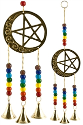 CLB42<BR><BR>4 Pieces Moon/Pentacle Brass Chime with Beads - 9"L