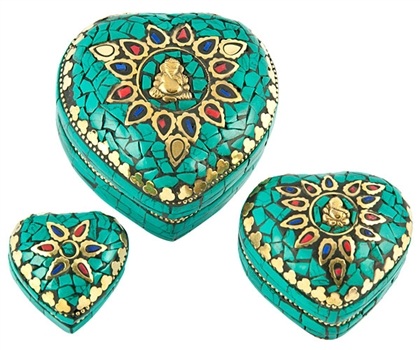 Wholesale Lord Ganesh on Heart Shape Tibetan Stone Inlay Jewelry Box Set