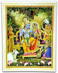 POS115<BR><BR>Radha and Krishna on swing with Gopis Poster on Cardboard - 15"x20"