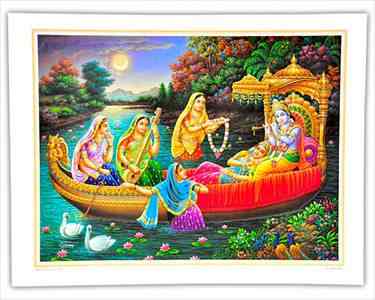 POS118<BR><BR>Radha Krishna & Gopis on boat Poster on Cardboard - 15"x20"