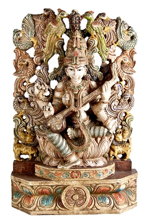 Wooden Goddess Saraswati Statue