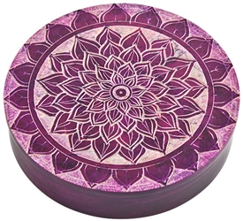 SBX131<BR><BR>Lotus Flower Carved Box in Purple - 6"D, 1.25"H