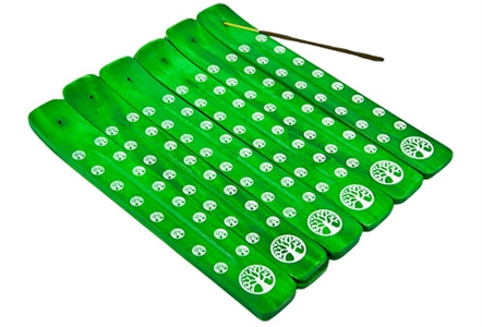 WBR09<BR><BR>12 Pieces Tree of Life Wooden Incense Boat Burner Set in Green - 10"L