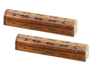 WBR26<br><br> 2 Pieces Wooden Incense Box Burner Plain Carved 12"L