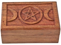 WBX06<BR><BR>Triple Moon Pentacle Carved Wooden Box - 4"x6"